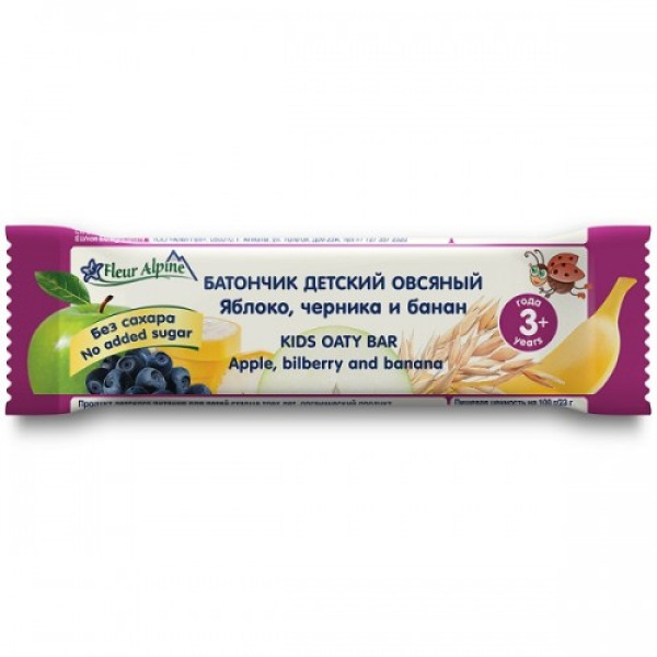 Fleur Alpine Organic Детский овсяный батончик яблоко, черника, банан 23г 3л+ (7610121611165)