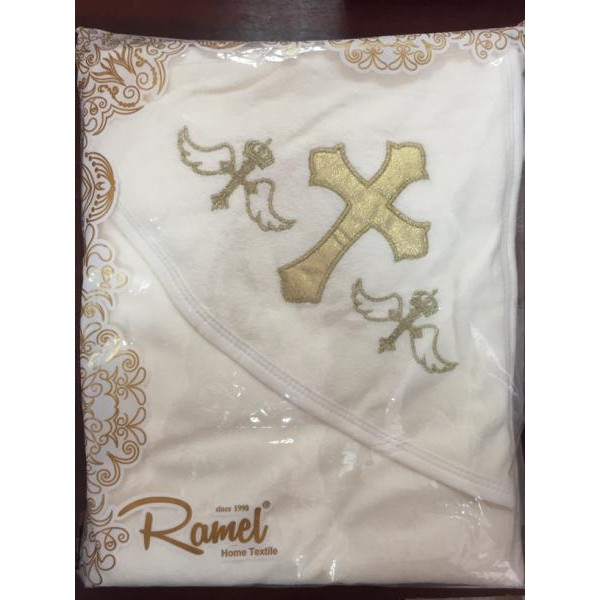 Ramel Рушник-крижма з капюшоном, молочний з золотистою вишивкою, 80*80см (24465)