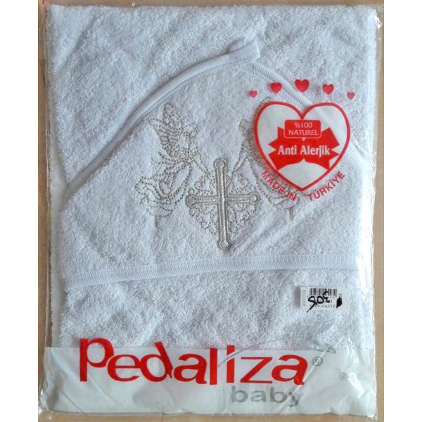 Рушник для хрещення Pedaliza з капюшоном 76*76 білий, з хрестиком, срібна вишивка 8697691564472
