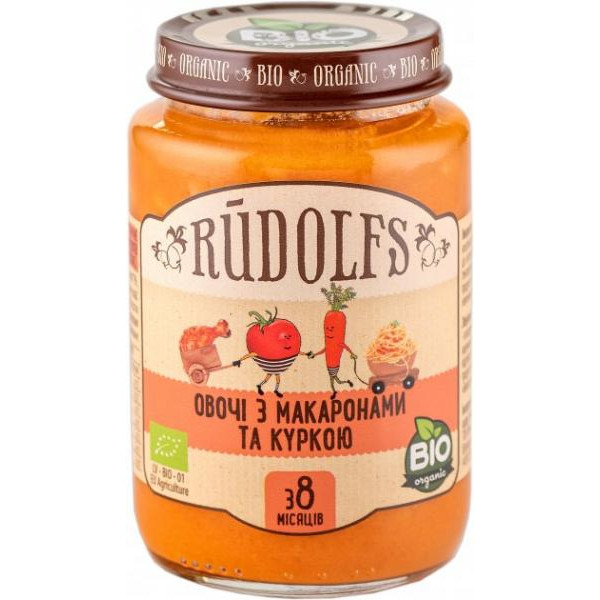 Rudolfs М'ясо-овочеве органічне пюре Овочі з макаронами та куркою з 8 місяців 190г (4751017940556)