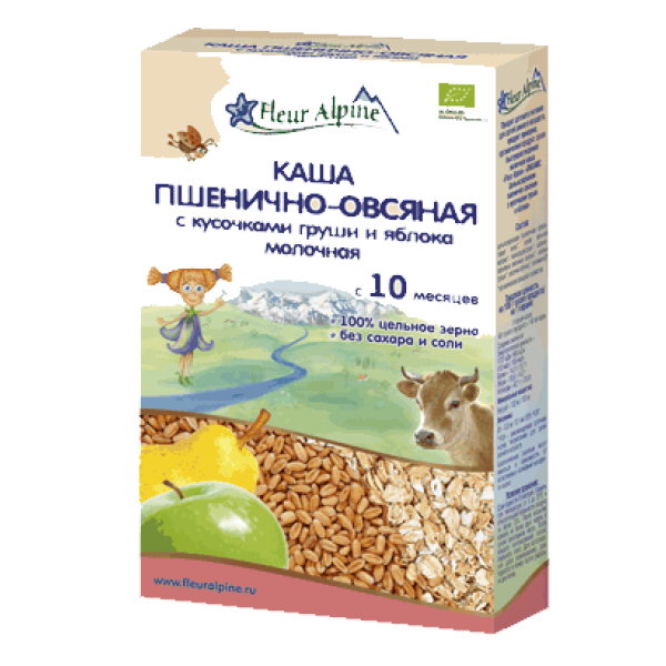 Fleur Alpine Organic Молочная каша пшенично-овсяная с кусочками груши и яблока 200 г (4006303002754)