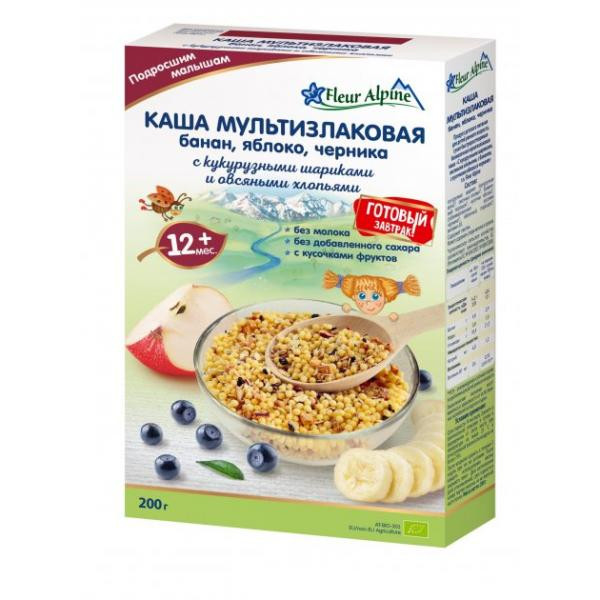 Fleur Alpine Organic Безмолочна Мультизлакова каша з бананом, зі шматочками яблука та чорниці 200 г (9010004508182)